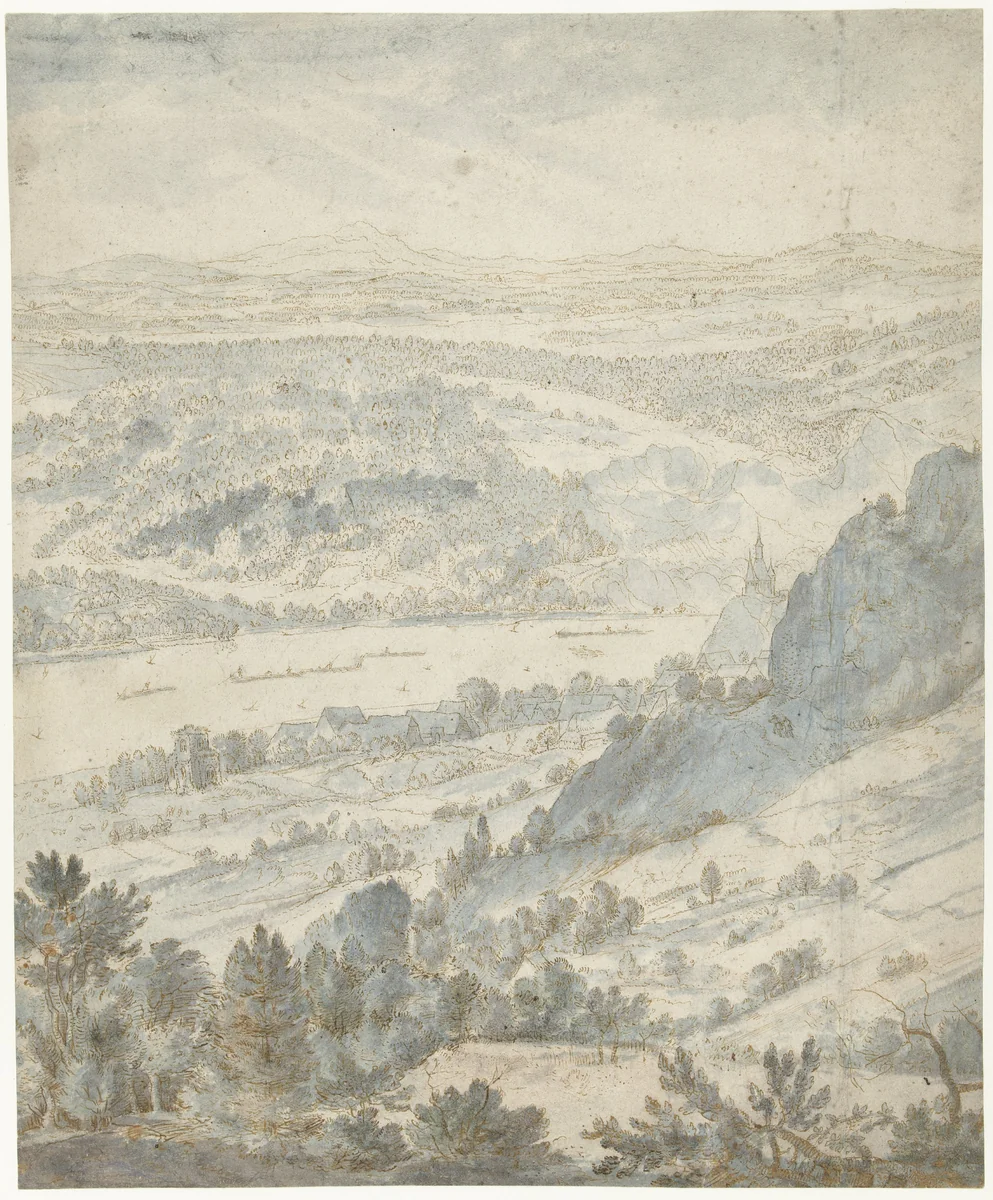 Heuvelachtig landschap met een dorp aan een rivier by Roelant Savery, drawing, 1603-1613