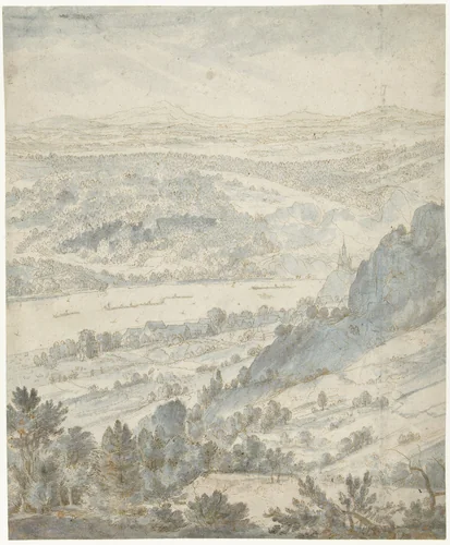 Heuvelachtig landschap met een dorp aan een rivier by Roelant Savery, drawing, 1603-1613