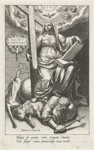 Christelijke Religie (Religio Christiana) overwint Afgoderij (Idolatria) by Johann Sadeler, print, 1579