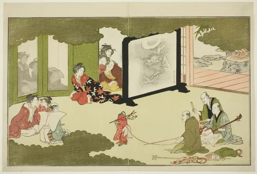 Performance of a Trained Monkey, from an illustrated poetry anthology entitled "The Young God Ebisu (Waka Ebisu)" by Kitagawa Utamaro (喜多川歌麿), print, 1789