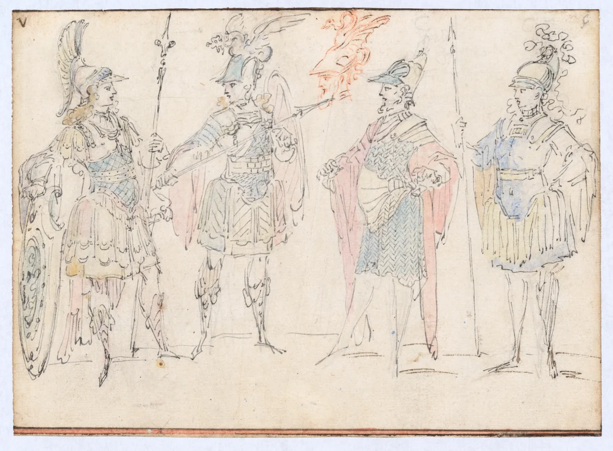 Four Actors in Heroic Costume, with a Study of a Helmeted Head by Claude Gillot, drawing, 1711-1722
