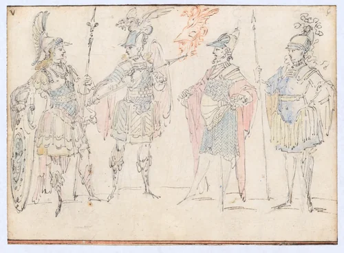 Four Actors in Heroic Costume, with a Study of a Helmeted Head by Claude Gillot, drawing, 1711-1722