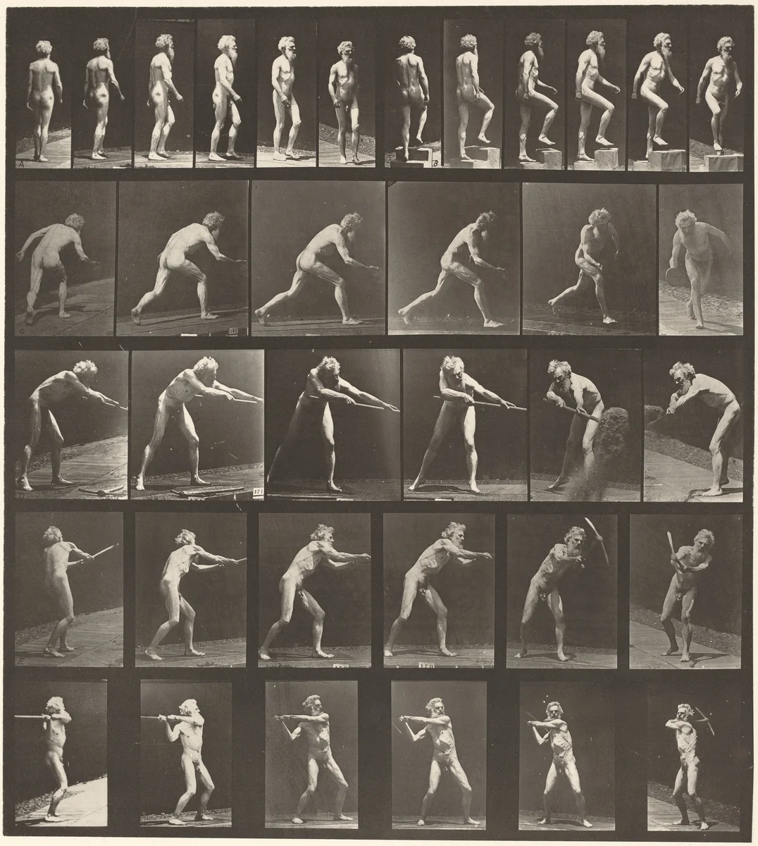 Plate Number 521. A: Walking. B: Ascending step. C. Throwing disk. D: Using shovel. E, F. Using pick by Eadweard Muybridge, photograph, 1887