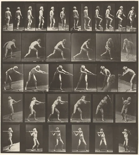 Plate Number 521. A: Walking. B: Ascending step. C. Throwing disk. D: Using shovel. E, F. Using pick by Eadweard Muybridge, photograph, 1887
