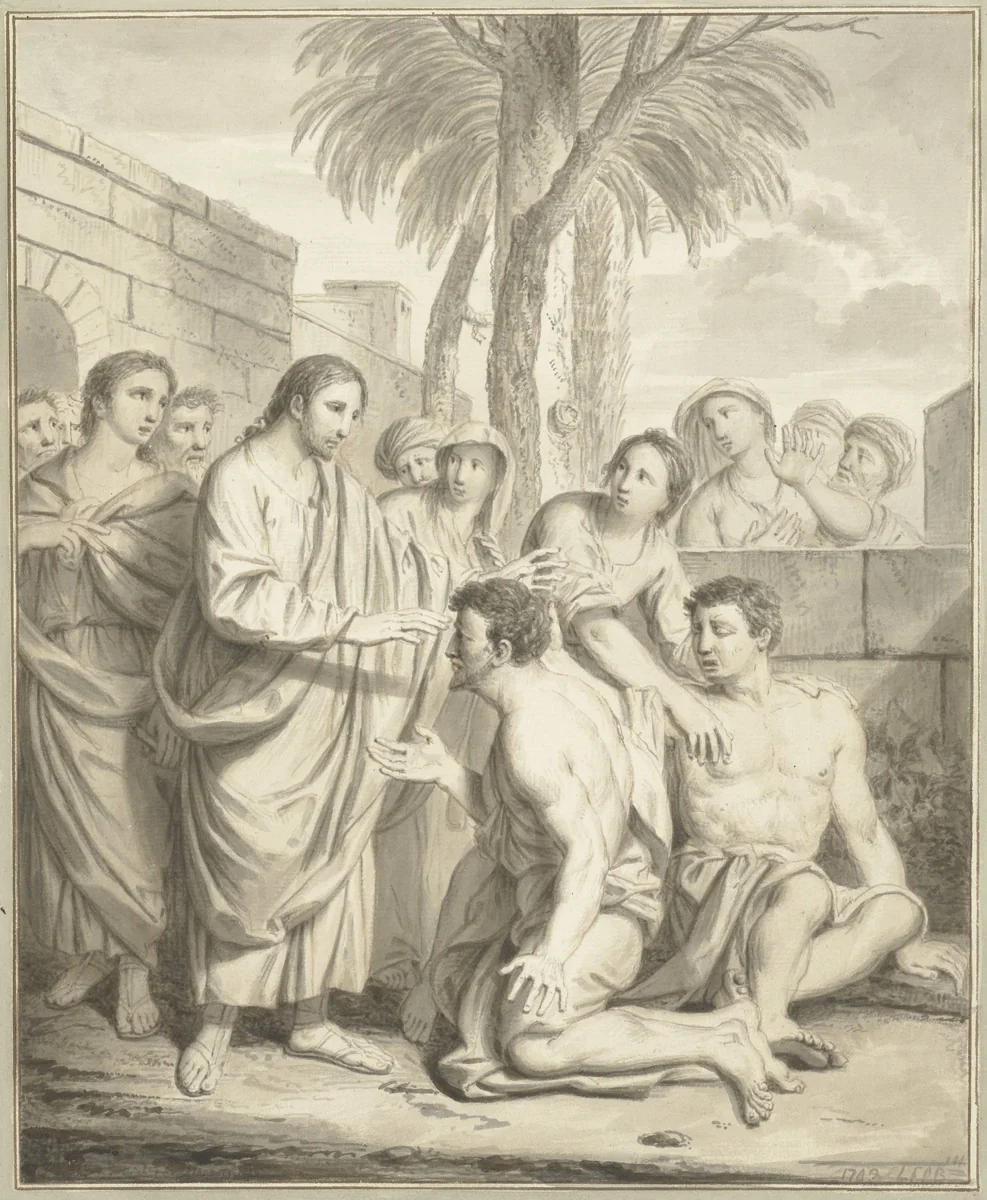 Christus geneest twee blinden by Louis Fabritius Dubourg, drawing, 1748-1749