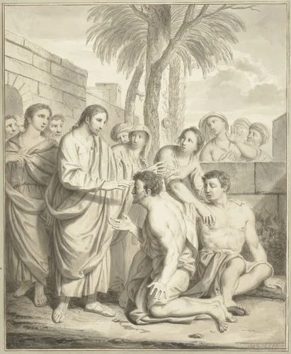 Christus geneest twee blinden by Louis Fabritius Dubourg, drawing, 1748-1749
