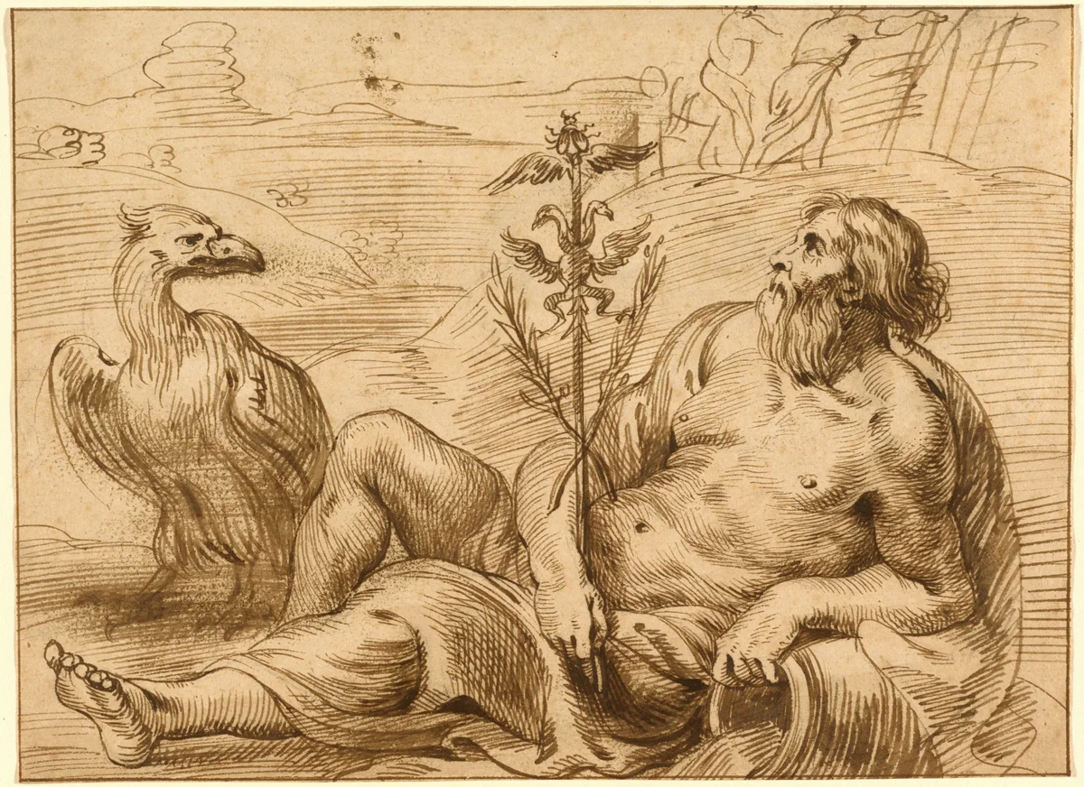 River God with an Eagle by Jan Lievens, drawing, 1607-1674