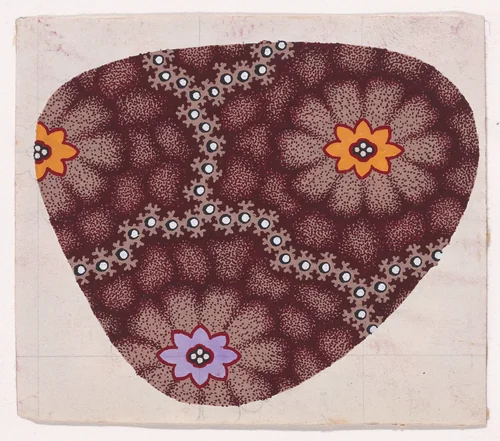 Textile Design with Alternating Horizontal Rows of Rosettes with Pearls as Pistils Framed by Interlacing Garlands of Branches with Pearls over an Abstract Honeycomb Pattern by anonymous, drawing, 1840
