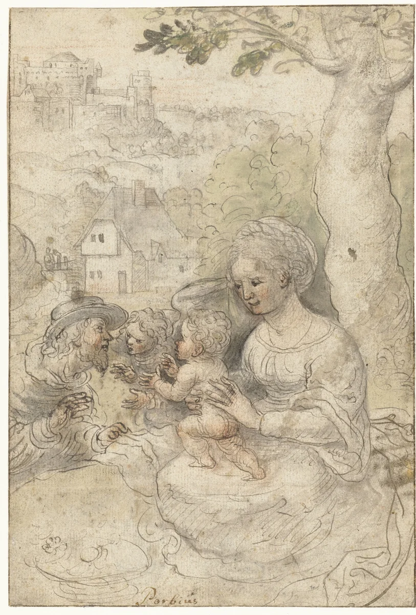 Maria met kind, Josef luistert naar een engel by anonymous, drawing, 1500-1510