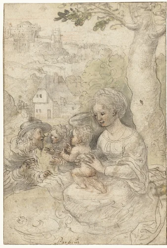 Maria met kind, Josef luistert naar een engel by anonymous, drawing, 1500-1510