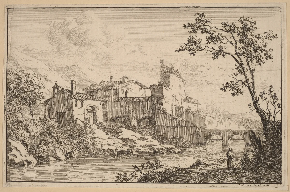 Houses at the Side of a River by Jan Smees, print, 1685-1729