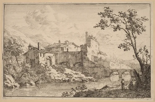 Houses at the Side of a River by Jan Smees, print, 1685-1729