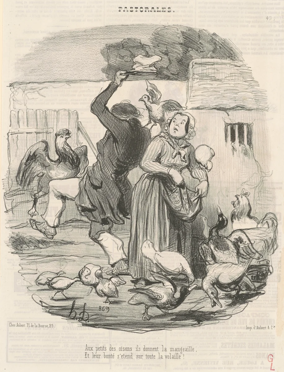Aux petits des oisons, ils donnent la mangeaille ... by Honoré Daumier, print, 1846