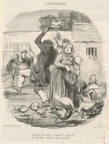 Aux petits des oisons, ils donnent la mangeaille ... by Honoré Daumier, print, 1846