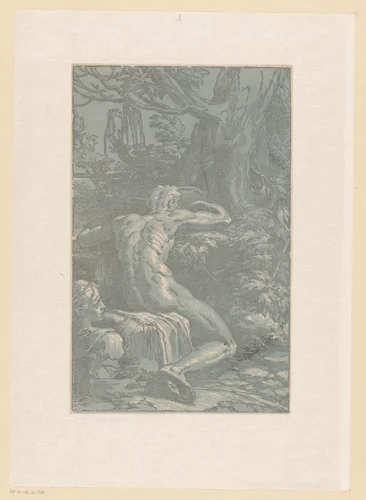 Naakte man in een landschap by Antonio da Trento, print, 1520-1550
