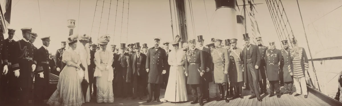 Sir Arthur Nicholson, Peter Stolypin, Queen Alexandra of England, Emperor Nicholas II, Count V. Fredericks, Alf Knox and Admiral Nilov on Ship Deck, Reval by Unidentified Photographer, photograph, 1908