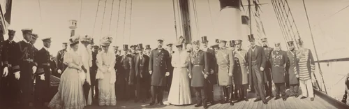 Sir Arthur Nicholson, Peter Stolypin, Queen Alexandra of England, Emperor Nicholas II, Count V. Fredericks, Alf Knox and Admiral Nilov on Ship Deck, Reval by Unidentified Photographer, photograph, 1908