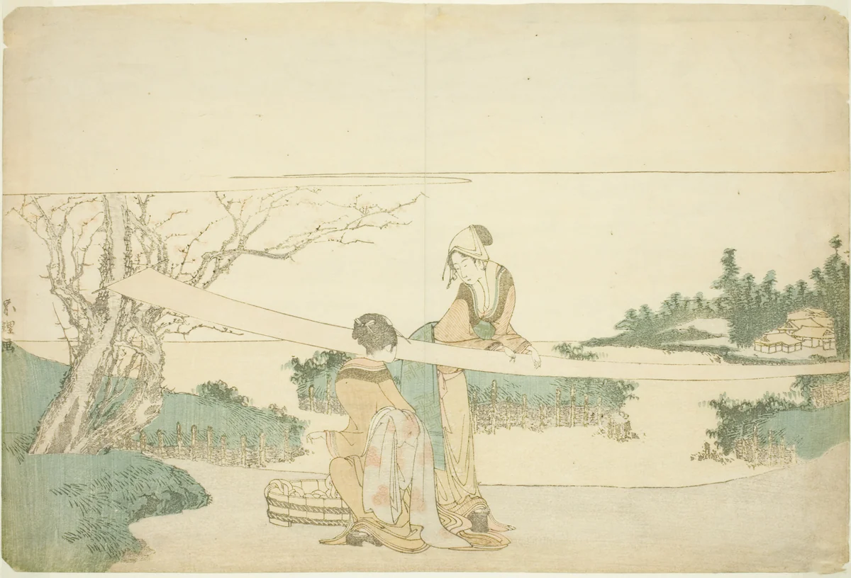 Two women stretching cloth by Katsushika Hokusai (葛飾 北斎), print, 1792-1802