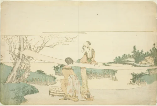 Two women stretching cloth by Katsushika Hokusai (葛飾 北斎), print, 1792-1802