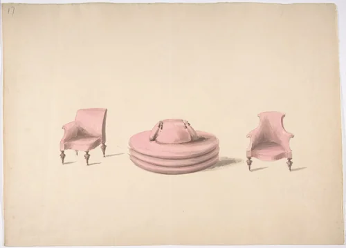 Design for a Round Pink Sofa and an Armchair and a One-armed Chair by anonymous, drawing, 1800-1850