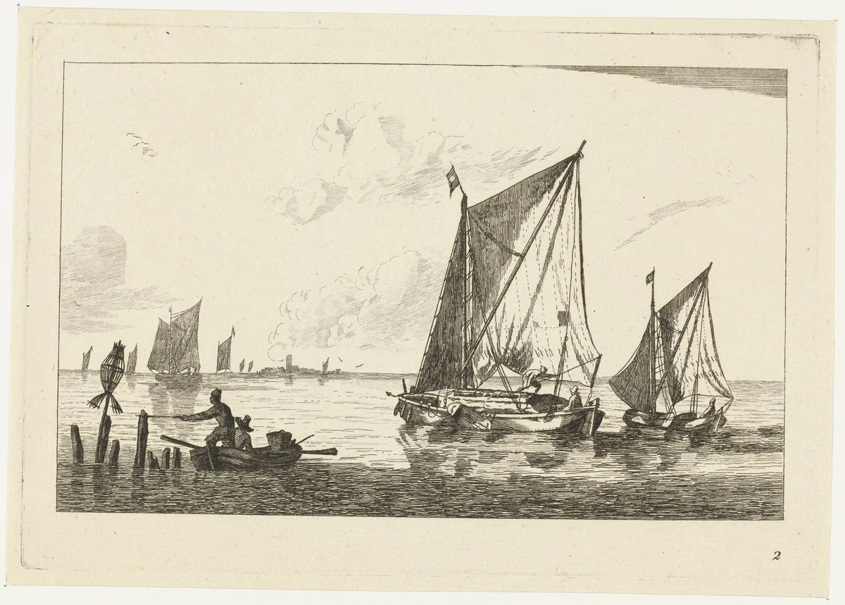 Twee zeilschepen en een roeiboot by anonymous, print, 1700-1799