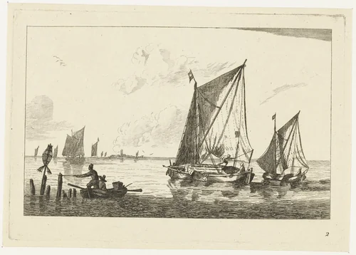 Twee zeilschepen en een roeiboot by anonymous, print, 1700-1799