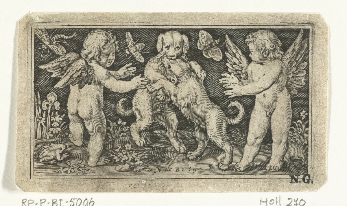Twee engeltjes aan weerszijden van twee spelende honden by Nicolaes de Bruyn, print, 1594
