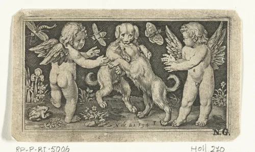 Twee engeltjes aan weerszijden van twee spelende honden by Nicolaes de Bruyn, print, 1594