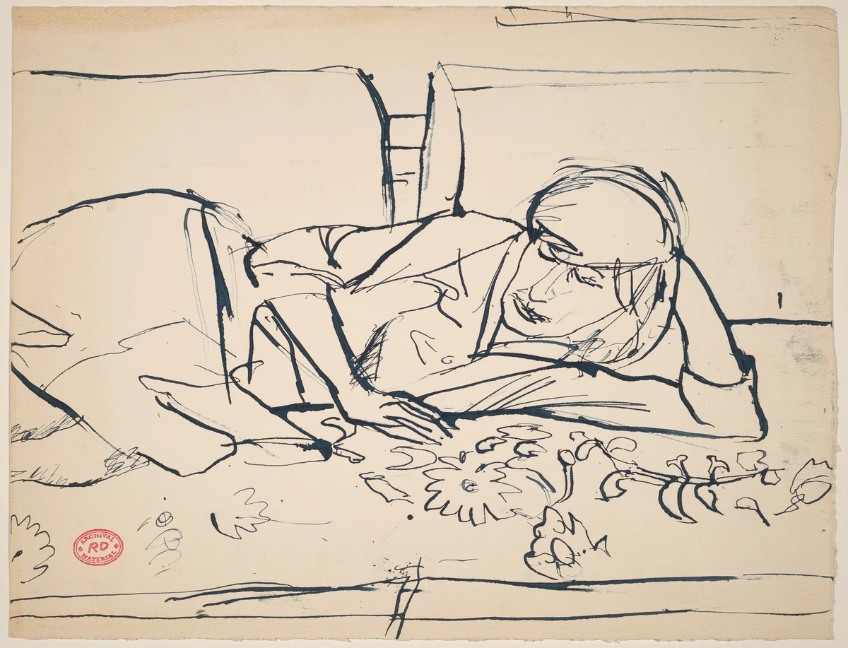 Untitled [reclining woman resting on a floral spread] by Richard Diebenkorn, drawing, 1955-1967