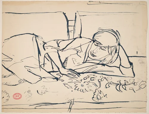 Untitled [reclining woman resting on a floral spread] by Richard Diebenkorn, drawing, 1955-1967