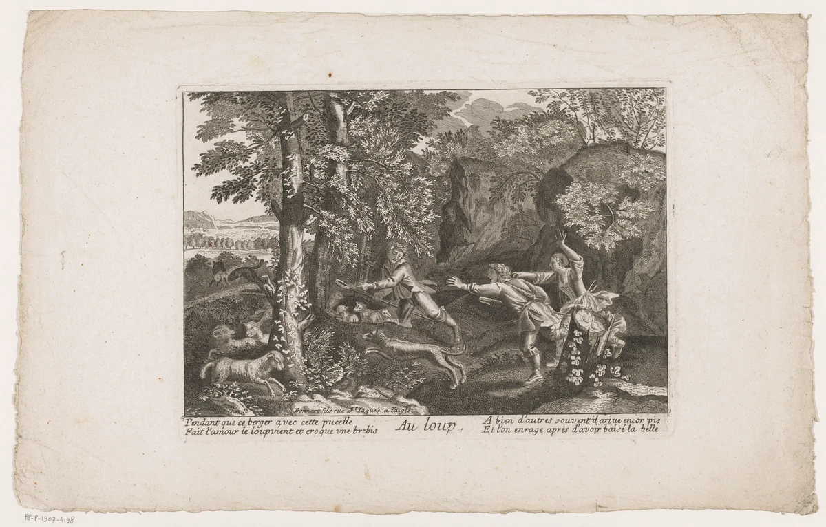 Herders achtervolgen een wolf met een lam in zijn bek by anonymous, print, 1698-1762