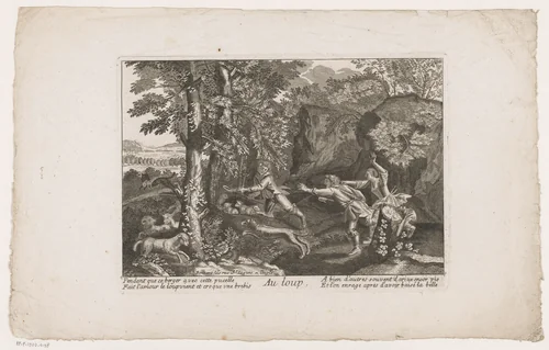 Herders achtervolgen een wolf met een lam in zijn bek by anonymous, print, 1698-1762