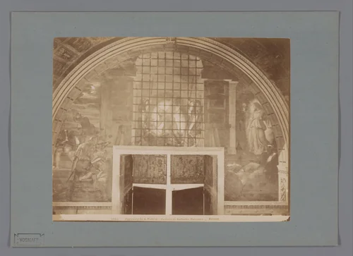 Fotoreproductie van het fresco Stanze d'Eliodoro / De bevrijding van Petrus uit de kerker door Rafaël in de Camere di Raffaello by anonymous, photograph, 1851-1900