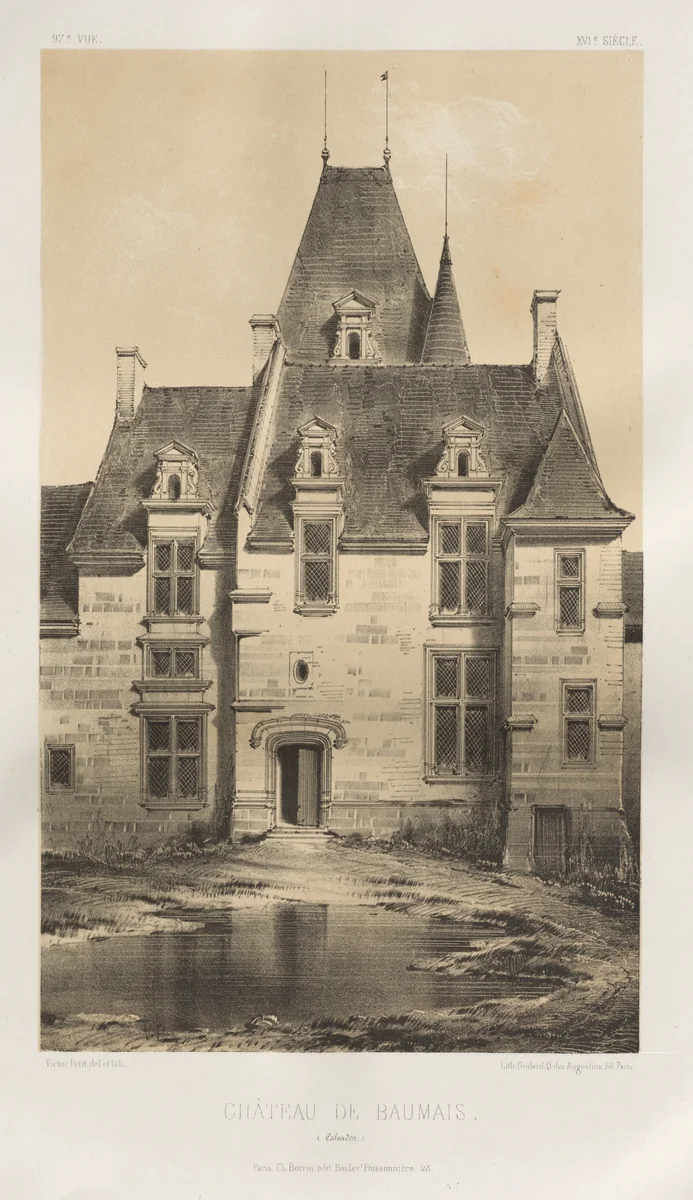 Architecture Pittoresque ou Monuments des XVeme. Et XVIeme. Siecles: Chateaux de France des XV et XVI Siecles: Pl. 97, Château de Baumais (Calvados) by Victor Petit, print, 1860