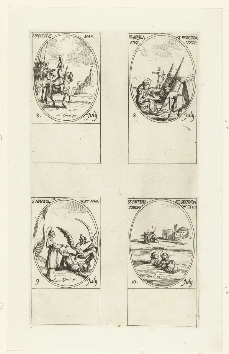 Heilige Procopius van Caesarea, Heilige Aquila en Heilige Priscilla van Rome, Heilige Anatolia, Heilige Rufina en Heilige Secunda van Rome (8-10 juli) by Jacques Callot, print, 1632-1636