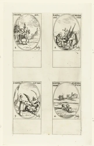 Heilige Procopius van Caesarea, Heilige Aquila en Heilige Priscilla van Rome, Heilige Anatolia, Heilige Rufina en Heilige Secunda van Rome (8-10 juli) by Jacques Callot, print, 1632-1636