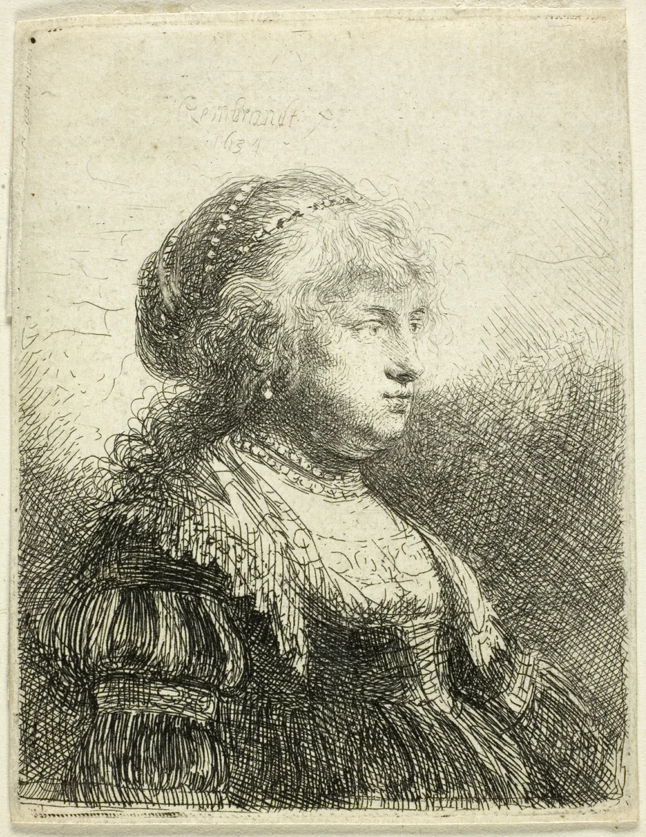 Saskia with Pearls in Her Hair by Rembrandt van Rijn, print, 1634