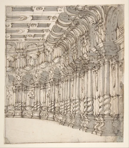 Design for a Stage Set: Interior of a Ballroom or Theater with Torqued Columns and Large Volutes Above by Francesco Galli Bibiena, drawing, 1676-1736