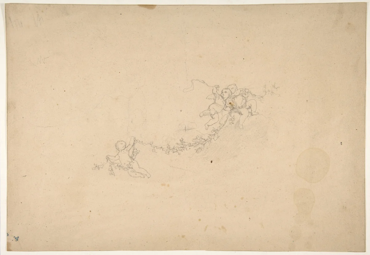 Three putti holding aloft a garland by Jules-Edmond-Charles Lachaise, drawing, 1850-1900
