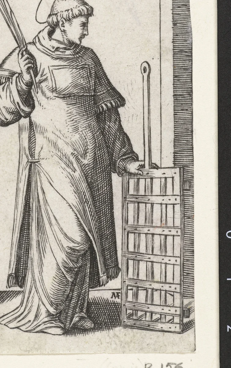 Heilige Laurentius als diaken met rooster by Marcantonio Raimondi, print, 1500-1527