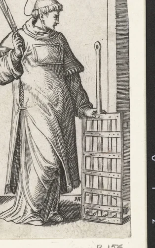 Heilige Laurentius als diaken met rooster by Marcantonio Raimondi, print, 1500-1527