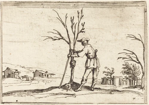 Gardener Pruning a Tree by Jacques Callot, print, 1628