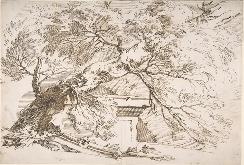 A Fallen Tree with Ruins by Paul Troger, drawing, 1700-1762