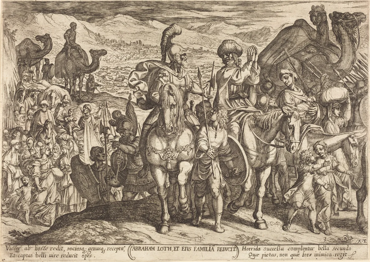 Lot and His Family recalled home by Abraham by Antonio Tempesta, print, 1613