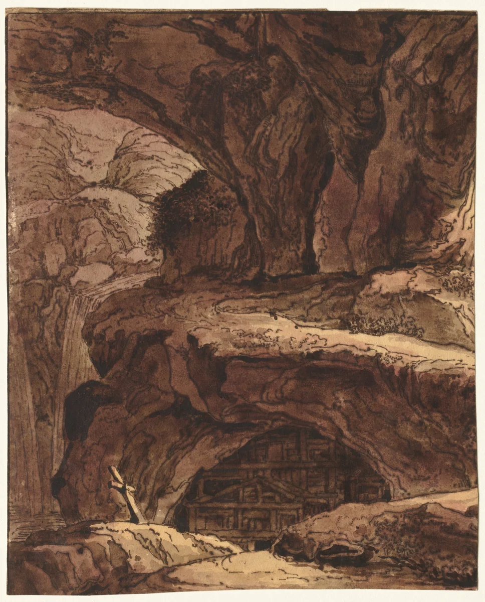 Rocky Landscape with a Cave Chapel by Johann Martin Rohoden, drawing, 1800-1899