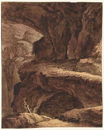 Rocky Landscape with a Cave Chapel by Johann Martin Rohoden, drawing, 1800-1899
