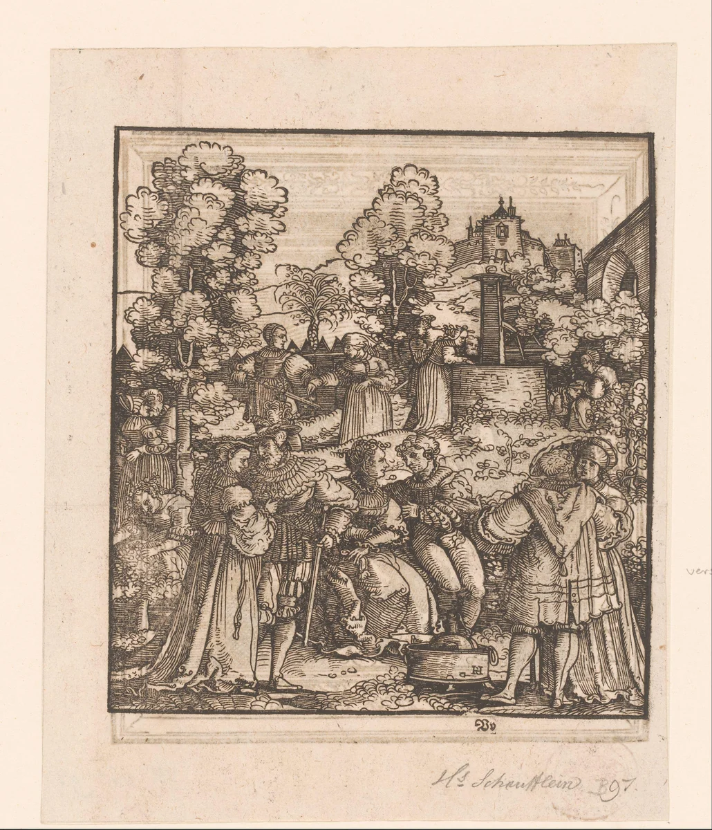 Gezelschap in een tuin by anonymous, print, 1541