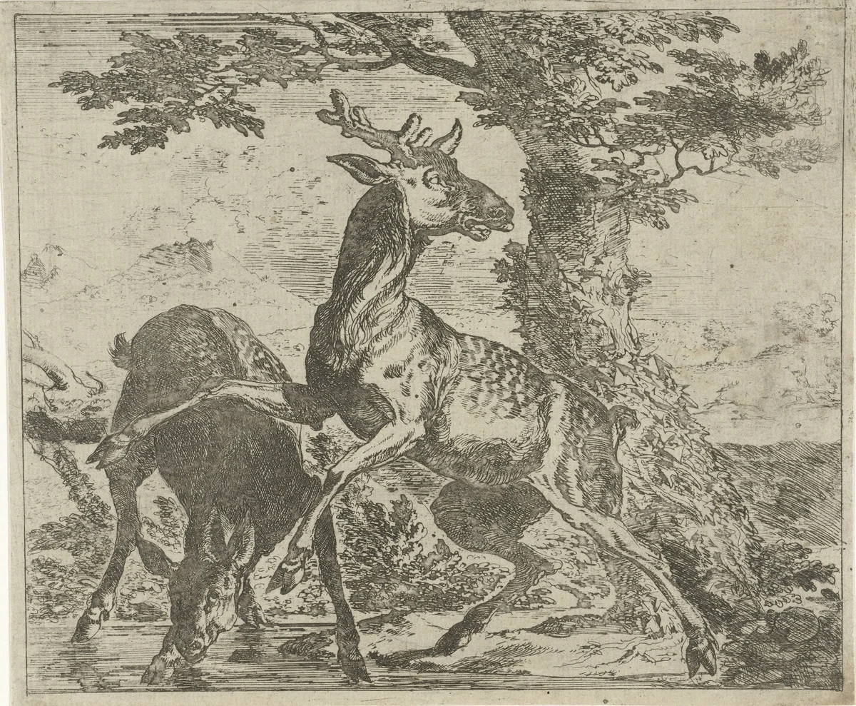 Opschrikkende herten by Abraham Daniëlsz. Hondius, print, 1672