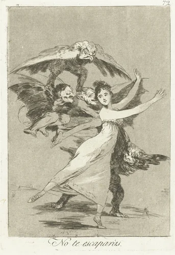 Jij zult niet ontsnappen by Francisco de Goya, print, 1797-1799