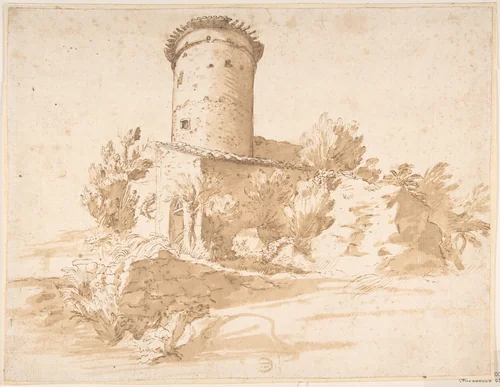 Landscape with Cylindrical Tower by anonymous, drawing, 1600-1700